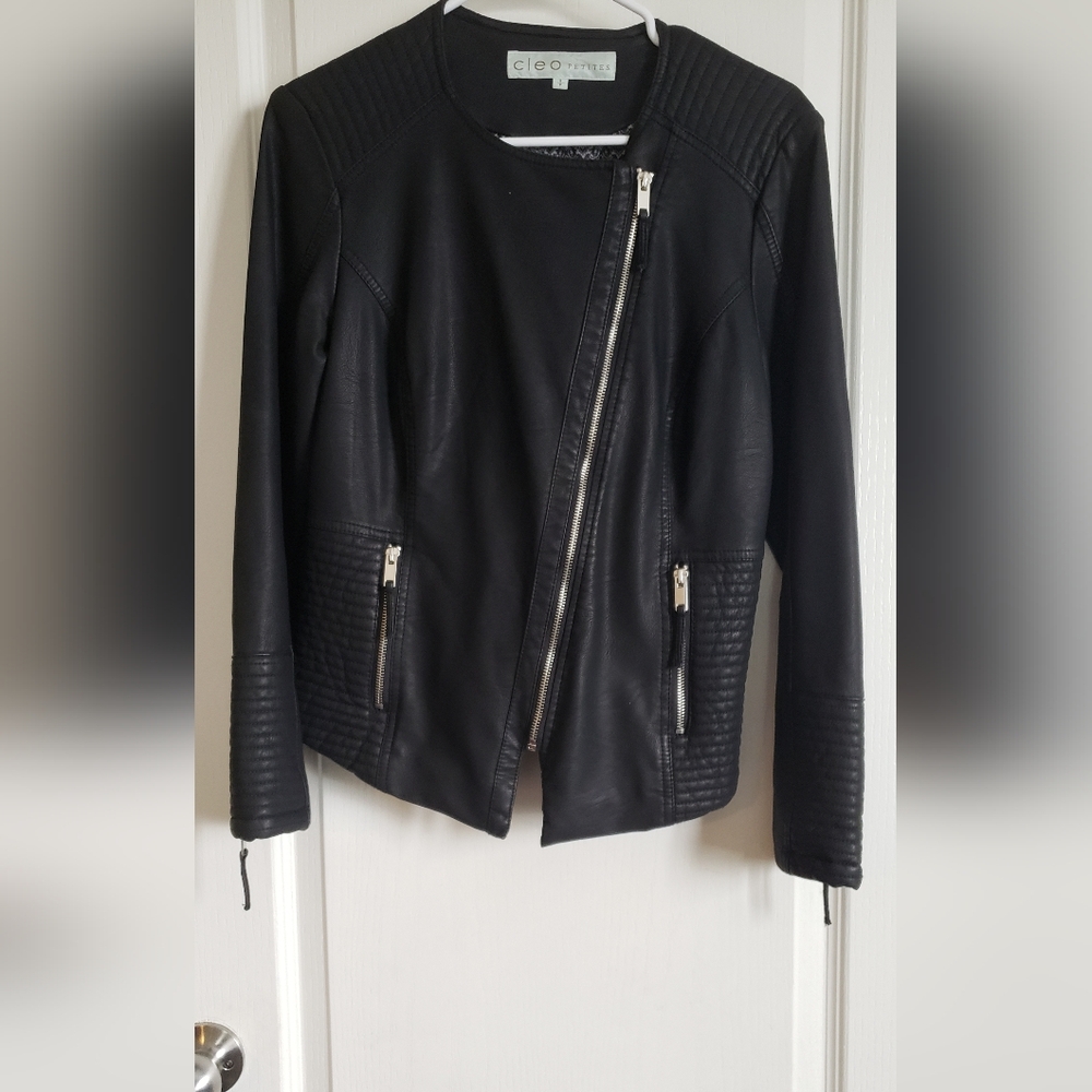 CLEO PETITES  Faux Leather Black Motor Jacket, Size Small.